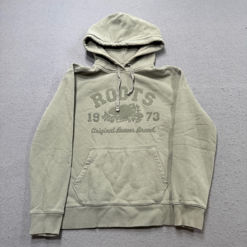 Roots Hoodie Men's Small Sage Green Beaver Graphic Loose Fit Pullover Sweatshirt